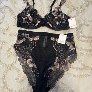 Auden Black and Cream Floral Lace Bra and Panty Set